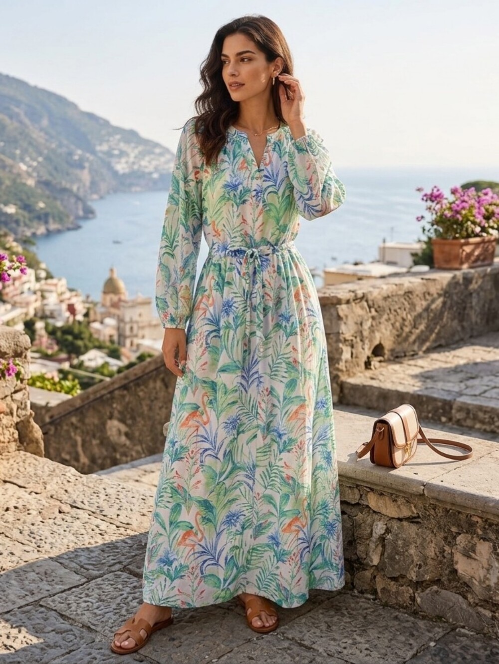 J.McLaughlin Daniella Flamingo Palm Cotton Maxi Dress Sz M